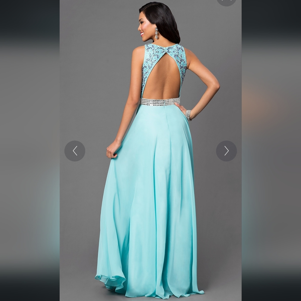 Dave and Johnny Chiffon Beaded Sequins Sheer Panel Cutouts Aqua Dress Size 4 - Picture 4 of 10
